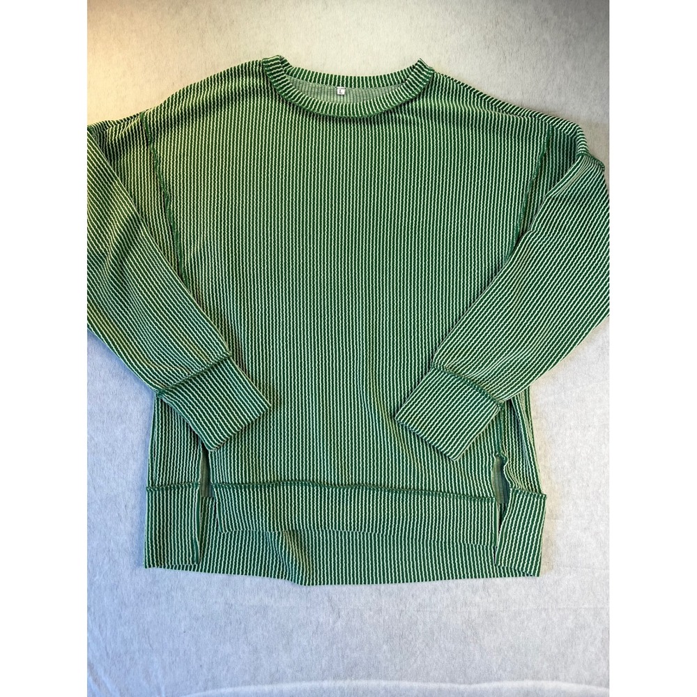 Green White Wavy Stripe Long Sleeve Knit Top Crew Neck Side Slits Size L